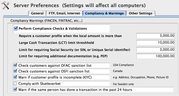 Snapshot from CurrencyXchanger showing different threshhold settings for AML compliance