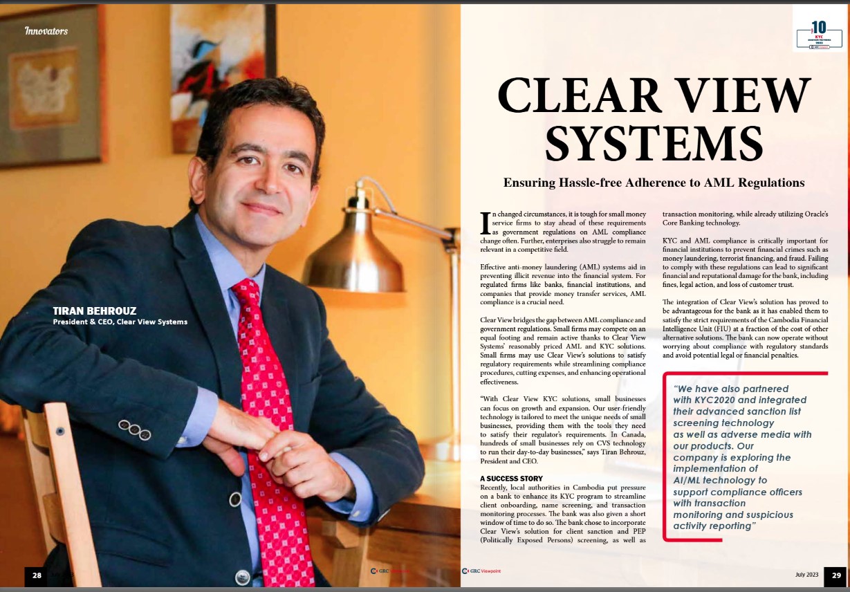 Clear View Systems executive featured in a magazine article about AML compliance and KYC technology solutions