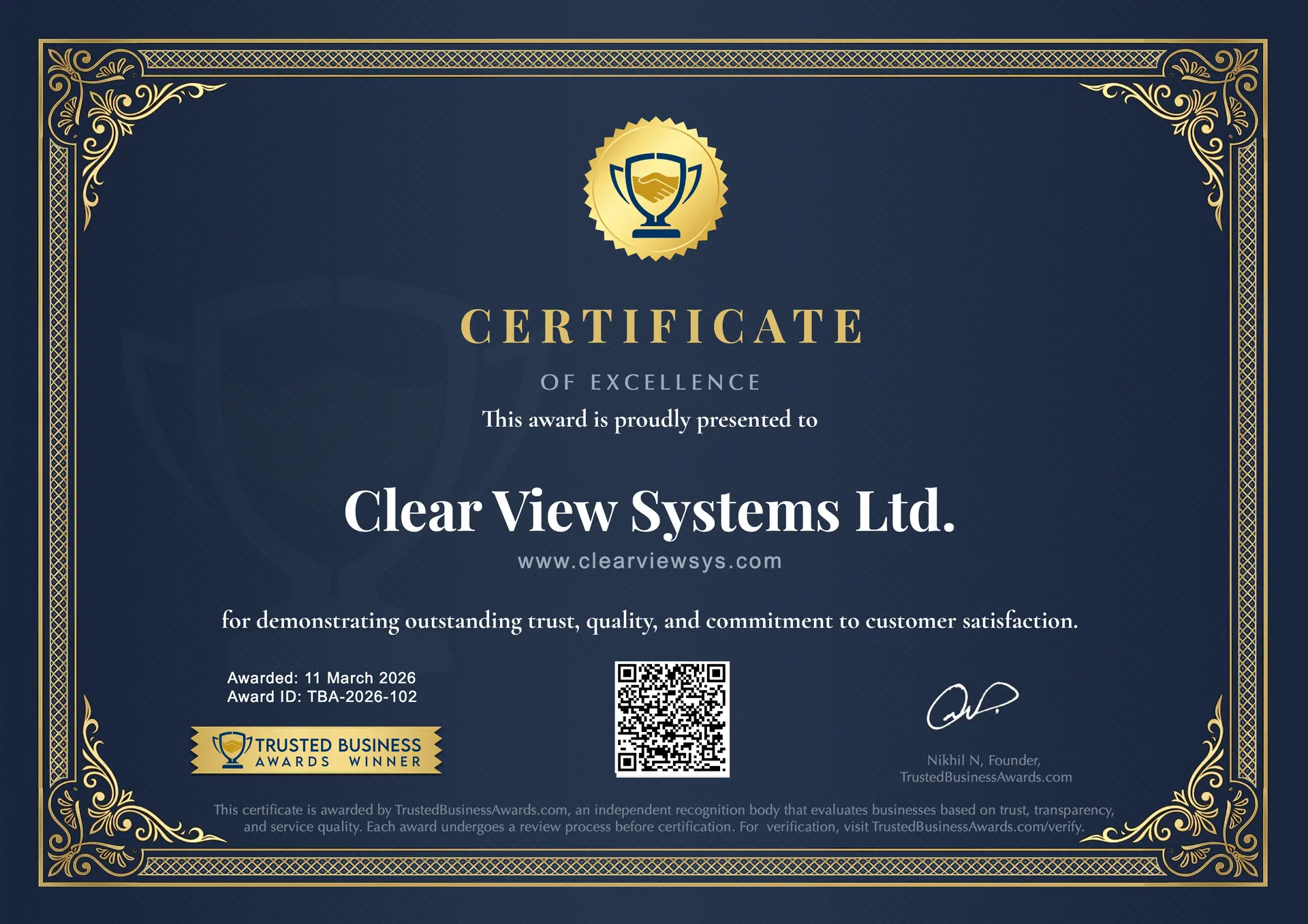 Trusted Business Awards Certificate of Excellence awarded to Clear View Systems Ltd.