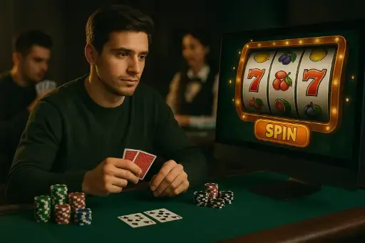 Un hombre en una mesa de póquer sosteniendo cartas, con una máquina tragaperras al fondo mostrando una combinación ganadora.