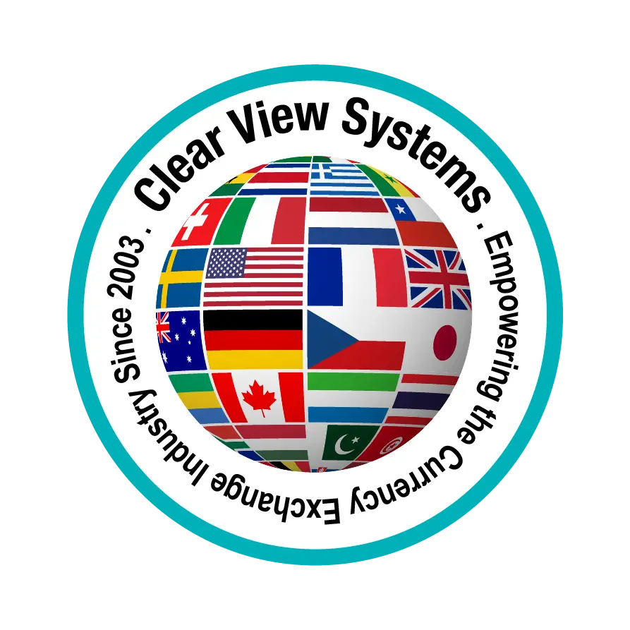 Business contact block for Clear View Systems Ltd., including logo, address in North Vancouver, Canada, GST number, phone numbers, and support email. Features a globe logo with multiple national flags.