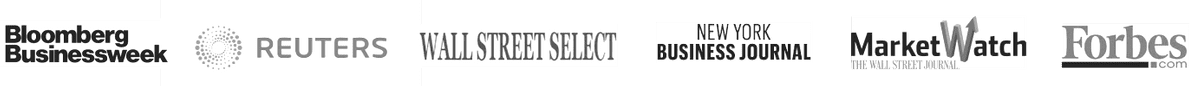 A horizontal row of logos for Bloomberg Businessweek, Reuters, Wall Street Select, New York Business Journal, MarketWatch, and Forbes – showcasing media mentions of CurrencyXchanger.
