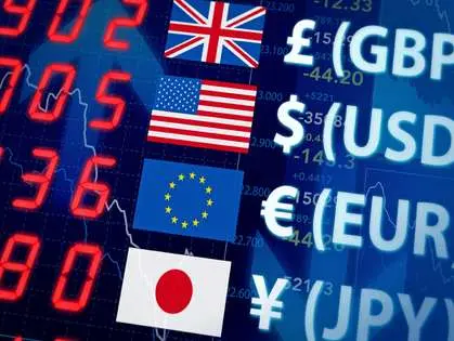 Real-time foreign exchange rates for top global currencies A digital screen showing exchange rates and major currency symbols including GBP, USD, EUR, and JPY alongside their respective national flags