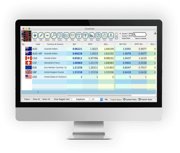 Powerful desktop platform for tracking and managing currency exchange rates A computer monitor displaying the CurrencyXchanger desktop interface with real-time exchange rates for major world currencies such as USD, EUR, JPY, and GBP