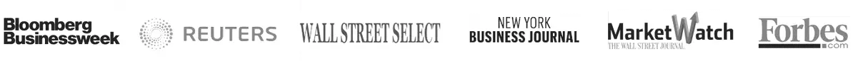 A horizontal row of logos for Bloomberg Businessweek, Reuters, Wall Street Select, New York Business Journal, MarketWatch, and Forbes – showcasing media mentions of CurrencyXchanger.