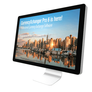 A modern desktop monitor displaying a scenic image of a city marina with the promotional message: “CurrencyXchanger Pro 7 is here! Professional Currency Exchange Software.”