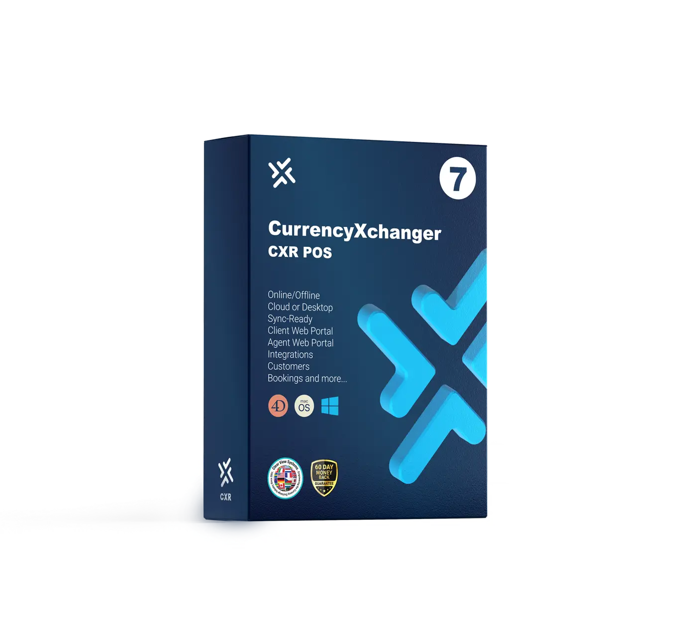 A retail software package box for CurrencyXchanger POS edition, featuring a sleek dark blue design with a large cyan “X” logo and platform compatibility icons