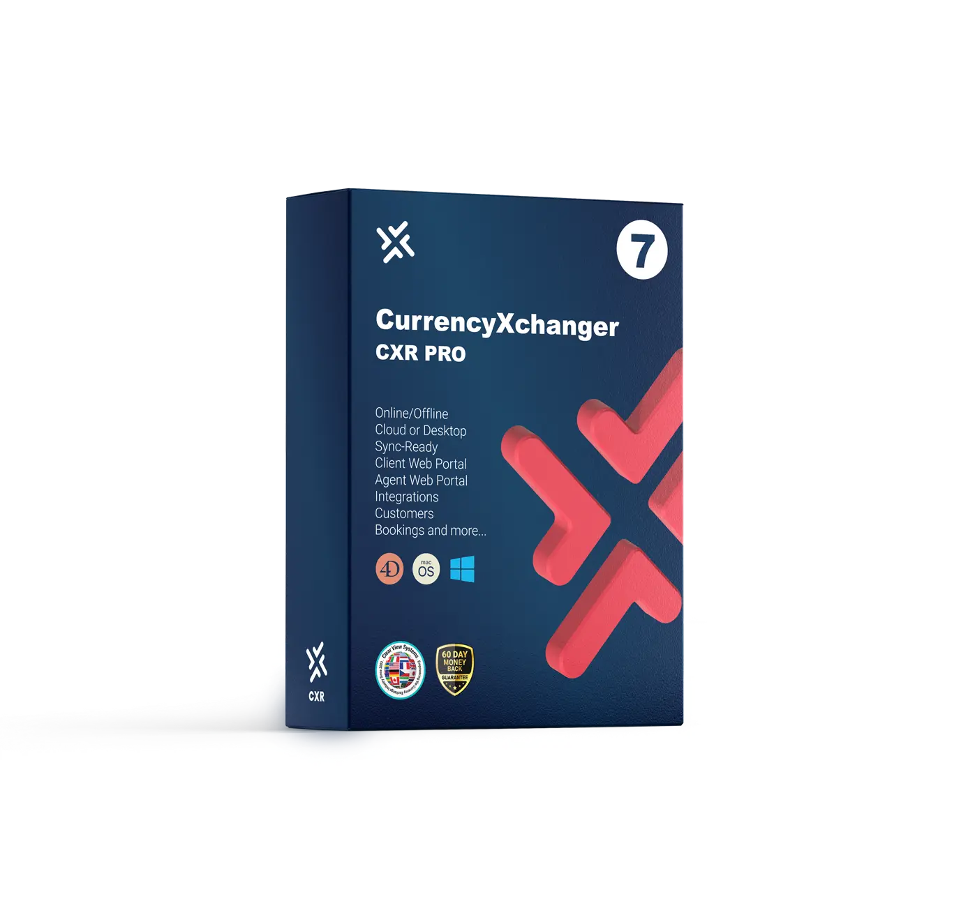 CurrencyXchanger PRO – The most advanced platform for currency exchange and remittance businesses A premium software box for CurrencyXchanger PRO edition, dark blue with a bold red “X” logo and platform icons indicating full compatibility