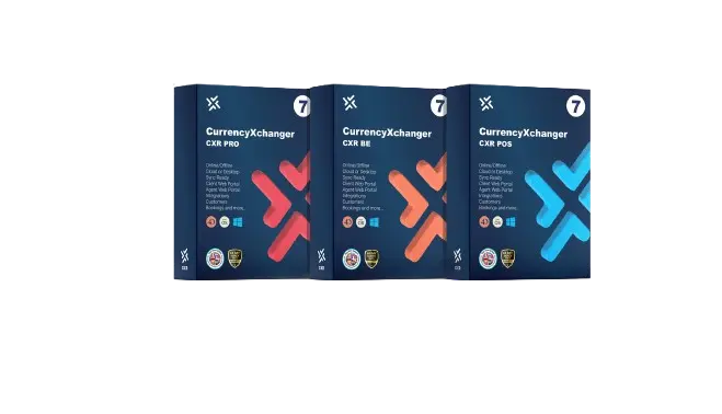 Un visuel des trois logiciels CurrencyXchanger (POS, PRO, EE) dans des boîtes bleues avec des logos colorés distincts.