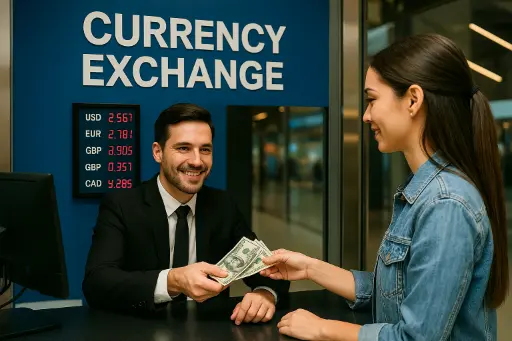 A smiling man exchanges cash at a modern currency exchange office while a woman in a denim jacket completes a transaction