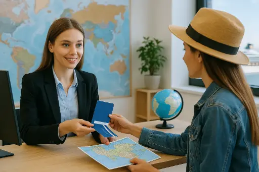 A female travel agent hands a passport to a smiling tourist wearing a hat, with a globe and travel-themed decor in the background