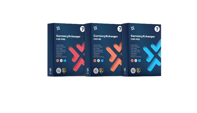 Three boxed editions of CurrencyXchanger software — CXR PRO, CXR BE, and CXR POS — lined up side by side, each with a distinct color-coded logo and platform icons for Windows, Android, and iOS