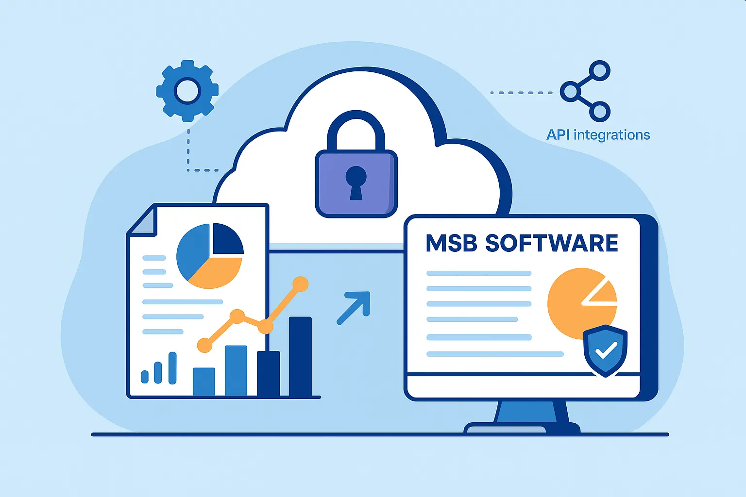 Secure Cloud-Based MSB Software with Analytics and API Integration Illustration of a laptop screen displaying cloud-based MSB software with secure data, charts, and API integrations. The image conveys modern financial software with real-time analytics and compliance tools for money service businesses.