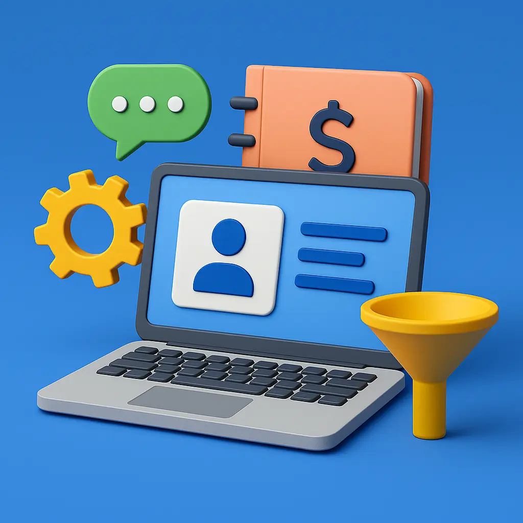 CRM and Financial Workflow Icon with Funnel and Dollar Sign 3D vector graphic showing a laptop with a user profile, cogwheel, dollar sign, chat bubble, and sales funnel — representing CRM systems, customer onboarding, and financial automation tools for MSBs.