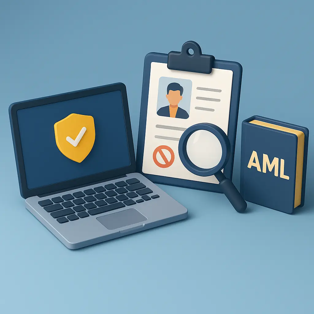 AML Compliance and Sanctions Screening Icon for MSBs Depiction of Anti-Money Laundering tools: laptop with shield, checklist, customer profile under magnifying glass, and AML book — perfect for illustrating compliance workflows in financial software.