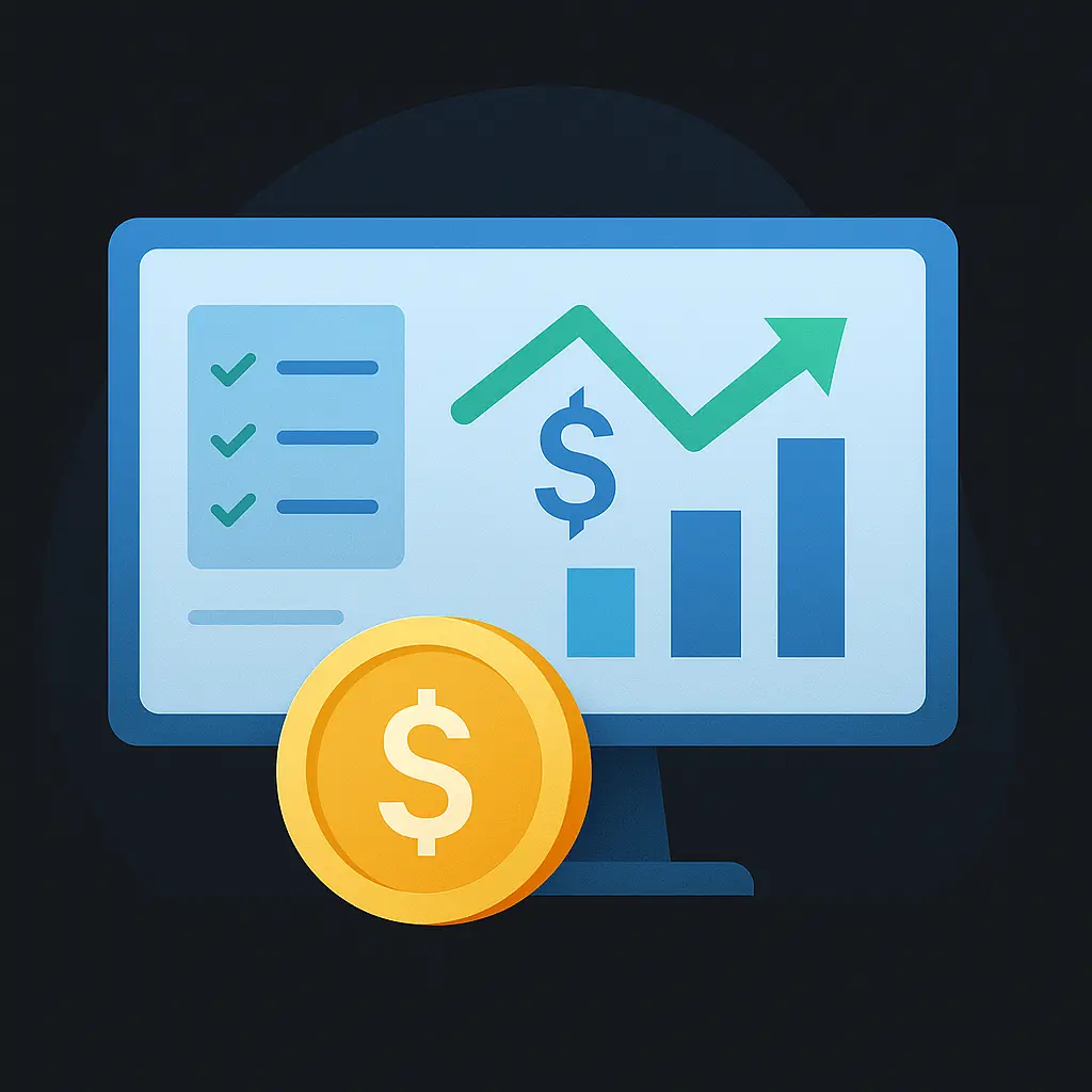 Financial Dashboard Icon – Revenue Growth and Analytics Illustration of a computer screen displaying financial charts, revenue growth indicators, and a dollar coin – ideal for representing business analytics, financial performance, and economic dashboards in fintech or SaaS products.
