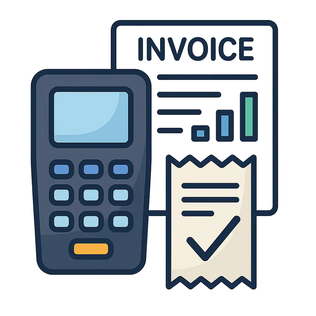 Invoice and POS Payment Confirmation Icon Flat-style icon of a POS terminal, printed receipt, and invoice with charts. Ideal for illustrating digital payment confirmations and invoicing in CXR Cloud.