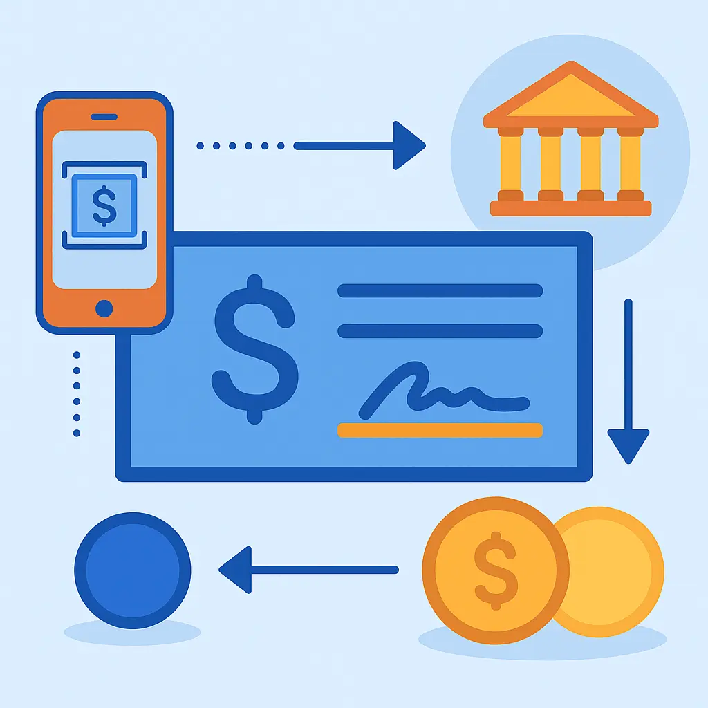 Digital Cheque Transfer and Bank Integration Icon Illustration showing cheque-based digital payments, mobile capture, and bank integration with currency movement. Ideal for MTO/MSB platforms like CXR Cloud.