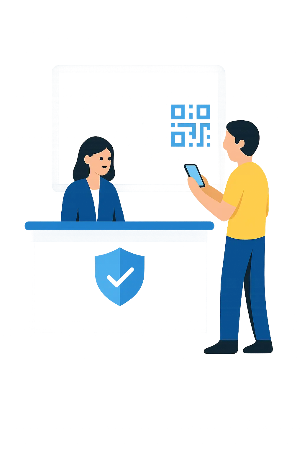 Customer Remittance Verification Illustration Illustration showing a customer verifying a money transfer using QR and mobile, representing secure and modern eWire pickup in CXR Cloud.